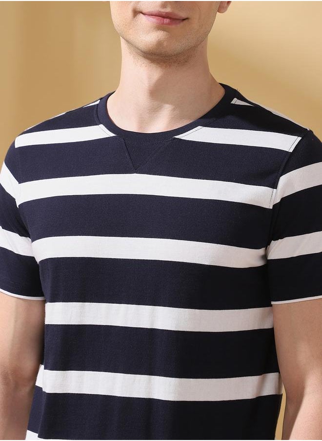 Men's Navy Blazer Cotton Blend Striped Regular Fit T-Shirt
