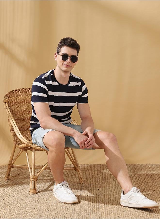 Men's Navy Blazer Cotton Blend Striped Regular Fit T-Shirt