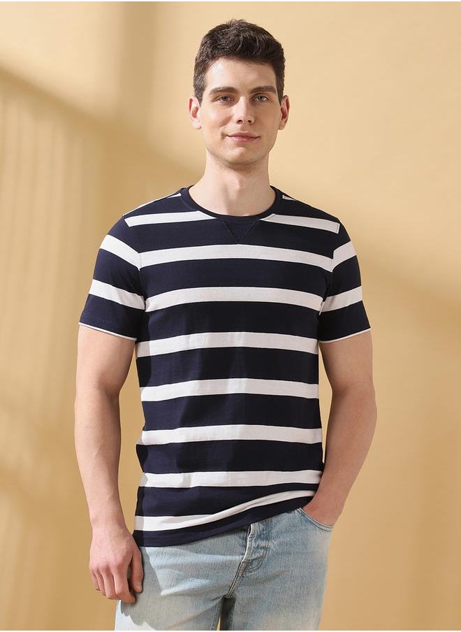 Men's Navy Blazer Cotton Blend Striped Regular Fit T-Shirt