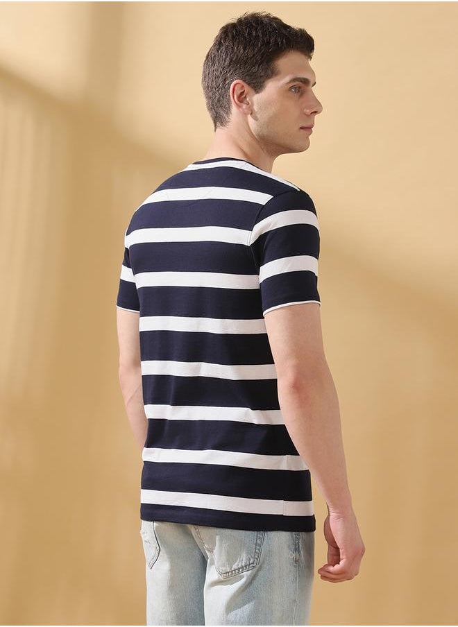 Men's Navy Blazer Cotton Blend Striped Regular Fit T-Shirt