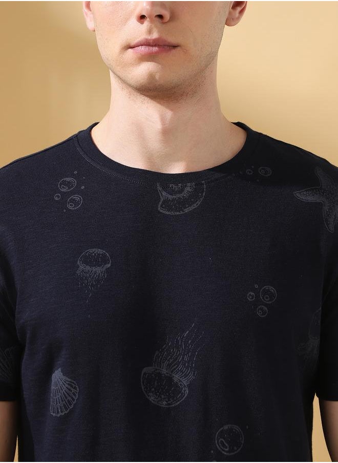 Men's Navy 100% Cotton Printed Regular Fit T-Shirt