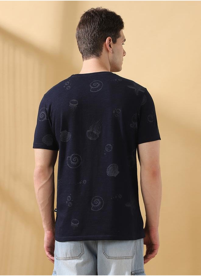 Men's Navy 100% Cotton Printed Regular Fit T-Shirt