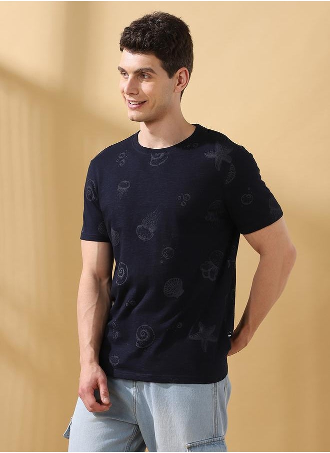 Men's Navy 100% Cotton Printed Regular Fit T-Shirt