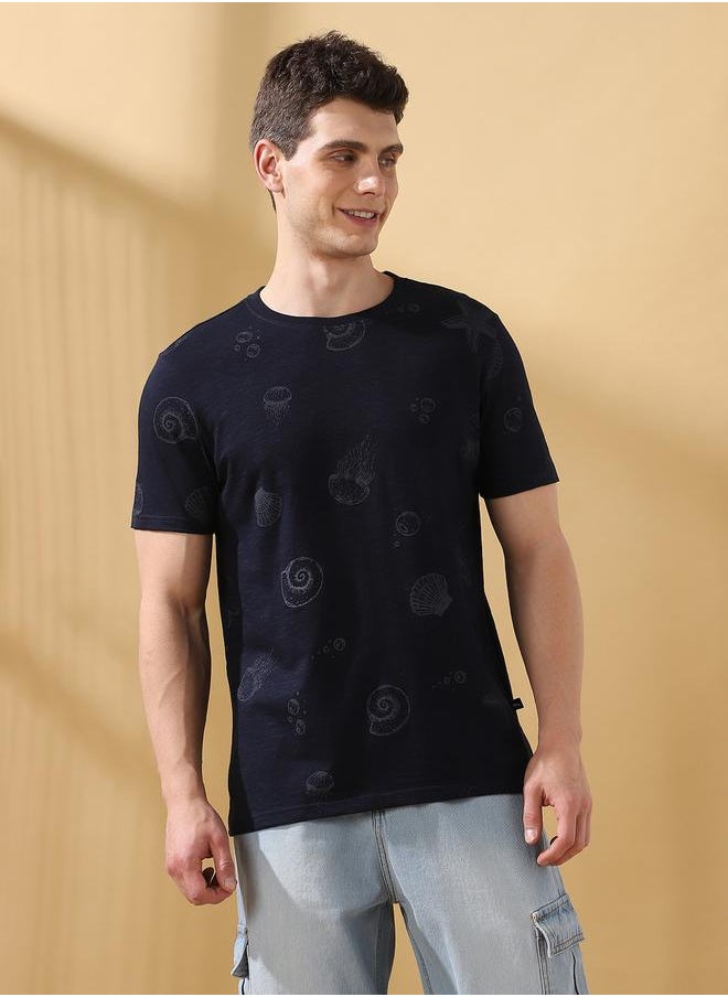Men's Navy 100% Cotton Printed Regular Fit T-Shirt