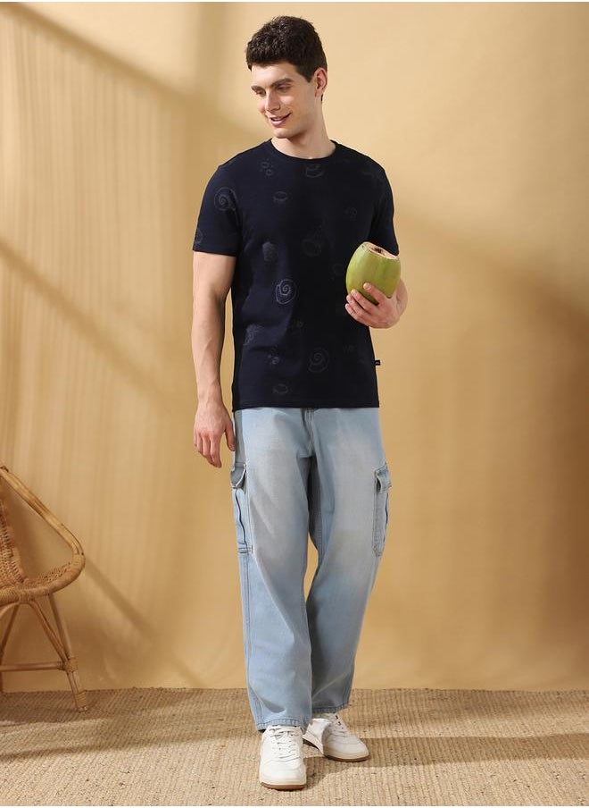 Men's Navy 100% Cotton Printed Regular Fit T-Shirt