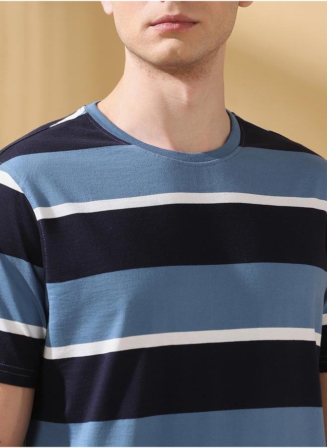 Men's Blue Cotton Blend Striped Regular Fit T-Shirt
