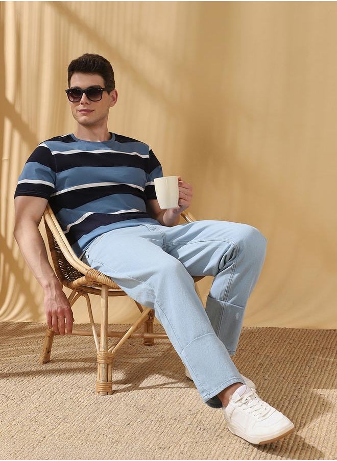 Men's Blue Cotton Blend Striped Regular Fit T-Shirt