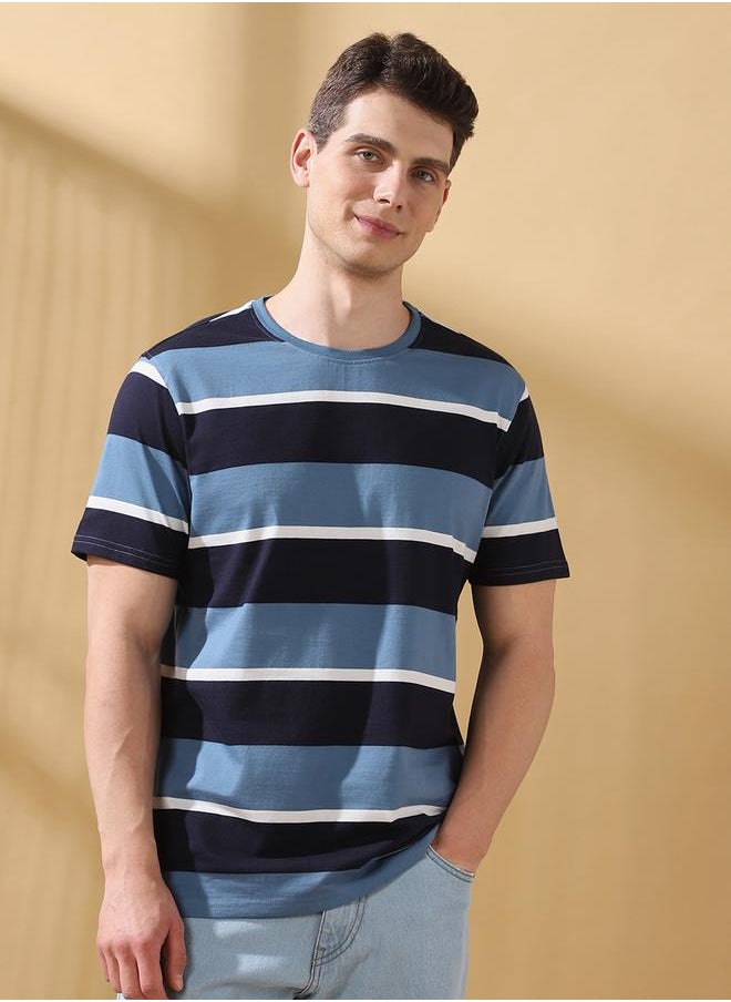 Men's Blue Cotton Blend Striped Regular Fit T-Shirt