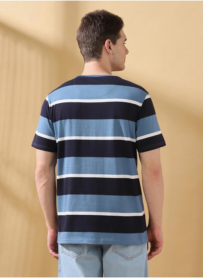 Men's Blue Cotton Blend Striped Regular Fit T-Shirt
