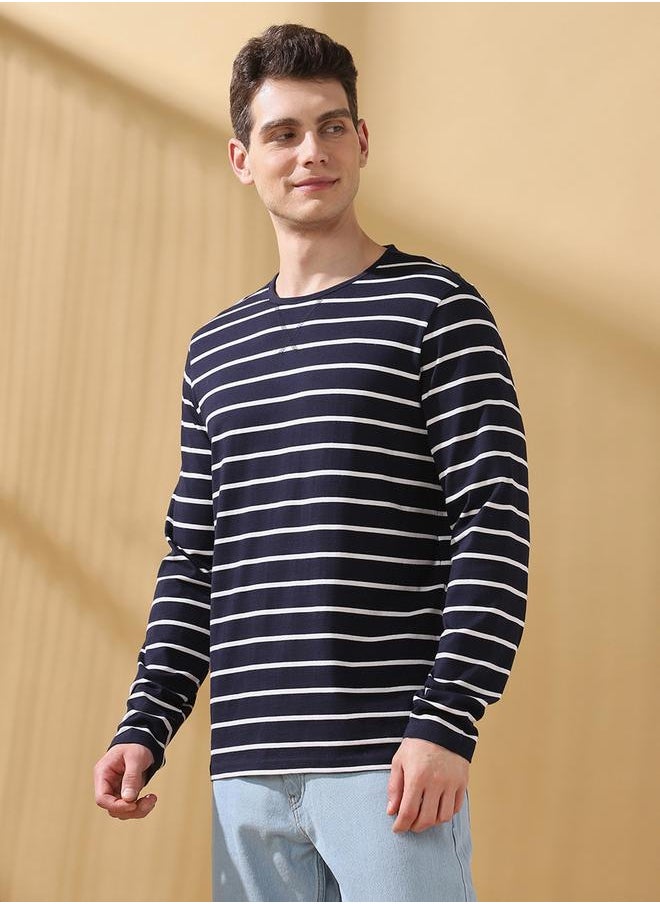 Men's Blue Cotton Blend Striped Regular Fit T-Shirt