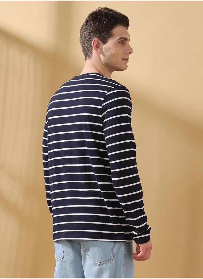 Men's Blue Cotton Blend Striped Regular Fit T-Shirt