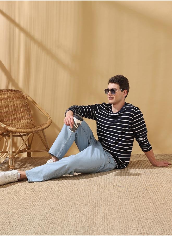 Men's Blue Cotton Blend Striped Regular Fit T-Shirt