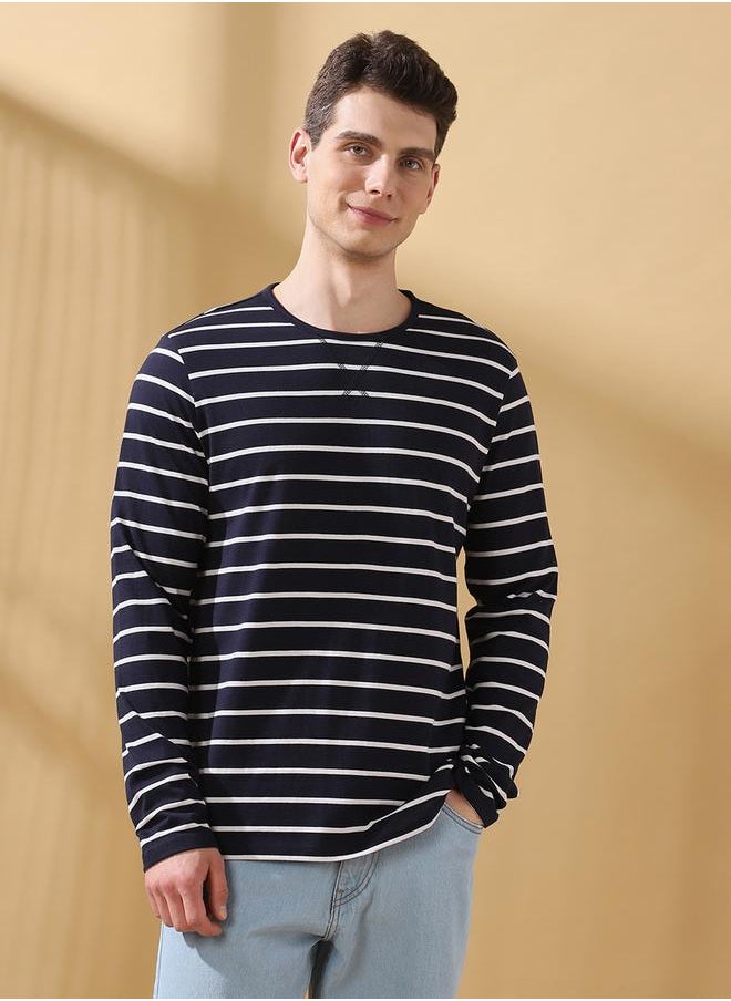 Men's Blue Cotton Blend Striped Regular Fit T-Shirt