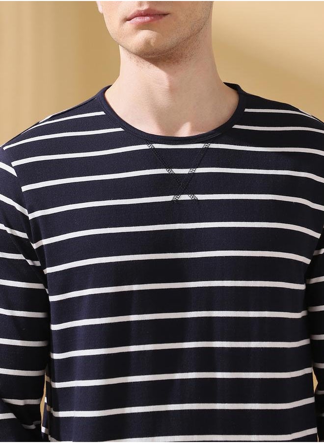 Men's Blue Cotton Blend Striped Regular Fit T-Shirt