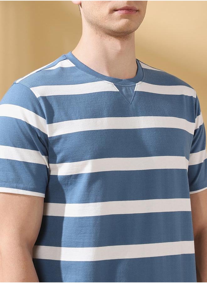 Men's Blue Cotton Blend Striped Regular Fit T-Shirt