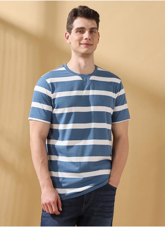Men's Blue Cotton Blend Striped Regular Fit T-Shirt