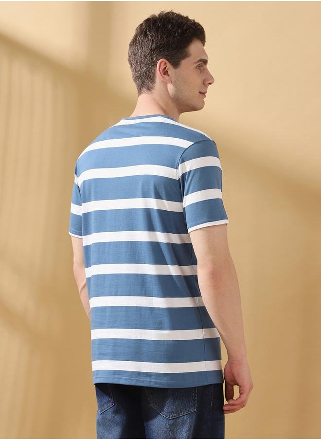 Men's Blue Cotton Blend Striped Regular Fit T-Shirt