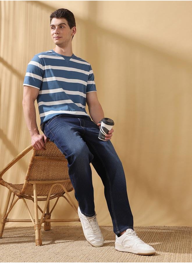 Men's Blue Cotton Blend Striped Regular Fit T-Shirt