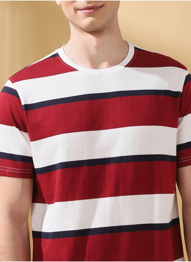 Men's Maroon Cotton Blend Striped Regular Fit T-Shirt