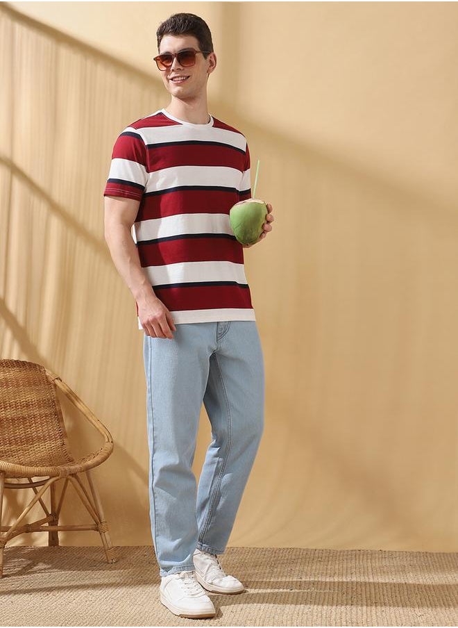Men's Maroon Cotton Blend Striped Regular Fit T-Shirt