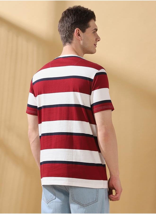 Men's Maroon Cotton Blend Striped Regular Fit T-Shirt
