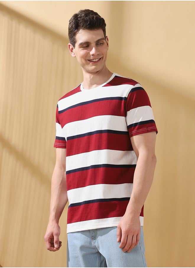 Men's Maroon Cotton Blend Striped Regular Fit T-Shirt