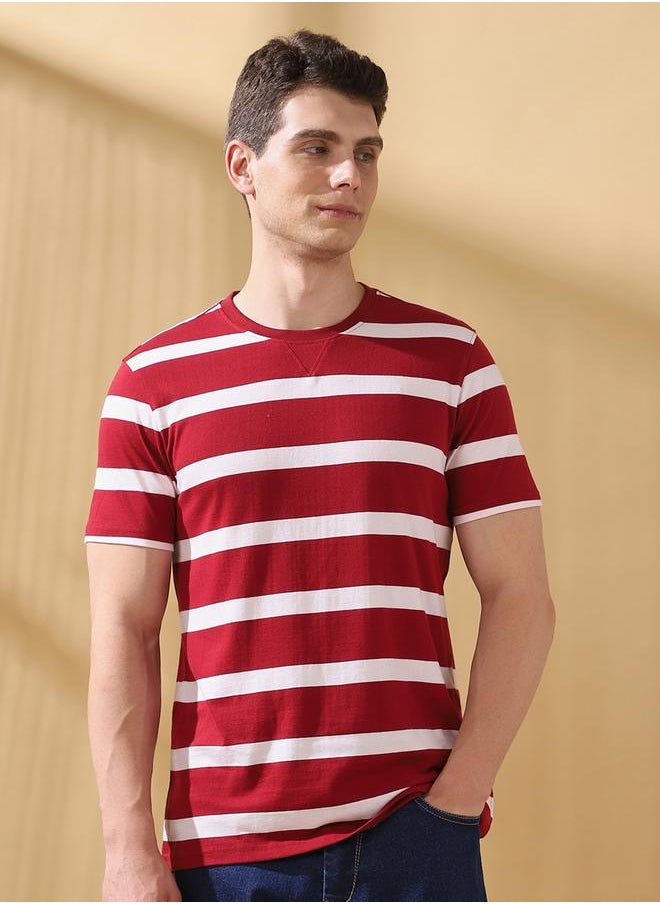 Men's Maroon Cotton Blend Striped Regular Fit T-Shirt