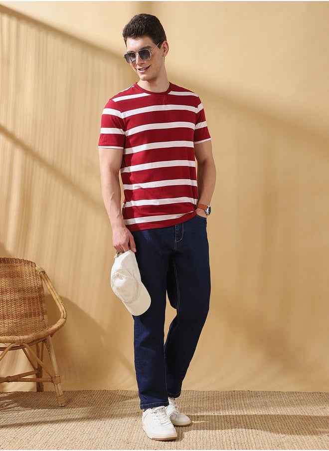 Men's Maroon Cotton Blend Striped Regular Fit T-Shirt
