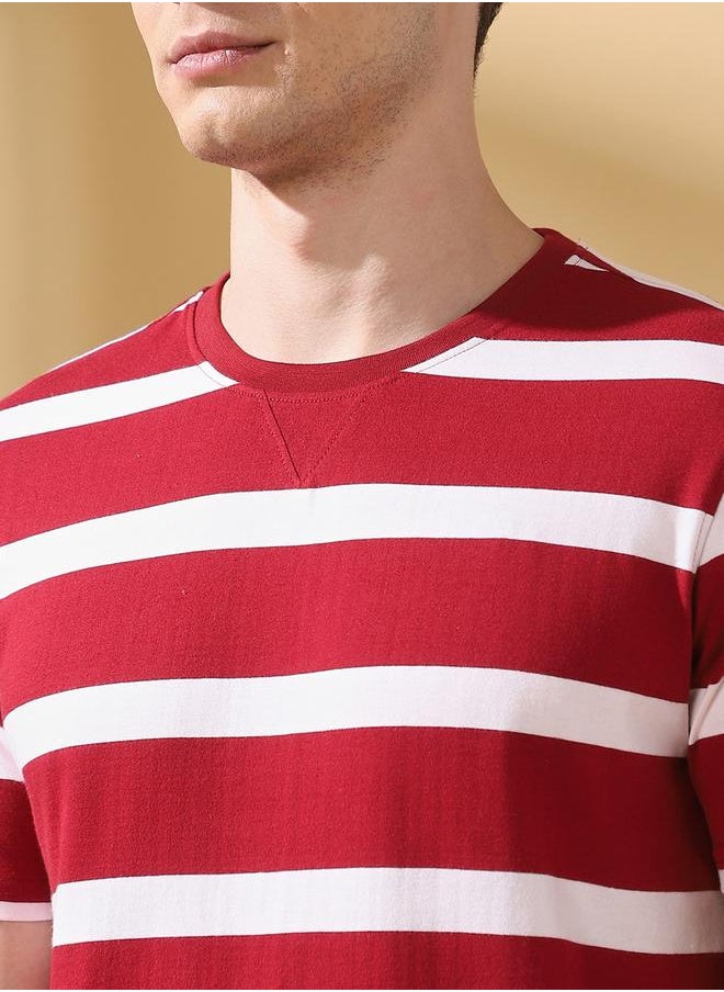 Men's Maroon Cotton Blend Striped Regular Fit T-Shirt