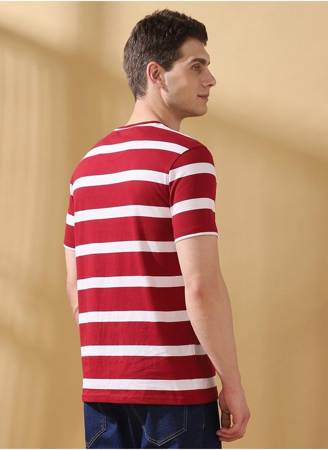 Men's Maroon Cotton Blend Striped Regular Fit T-Shirt
