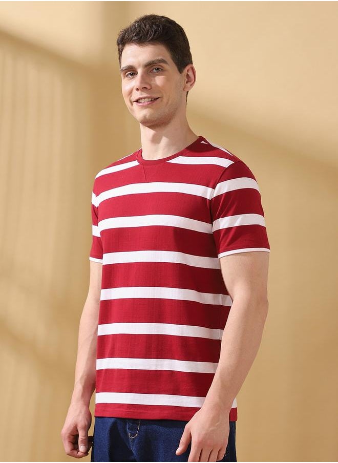Men's Maroon Cotton Blend Striped Regular Fit T-Shirt