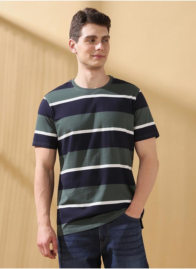 Men's Green Cotton Blend Striped Regular Fit T-Shirt