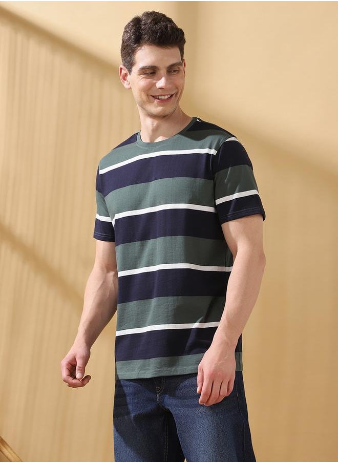 Men's Green Cotton Blend Striped Regular Fit T-Shirt