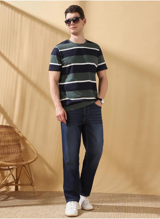 Men's Green Cotton Blend Striped Regular Fit T-Shirt