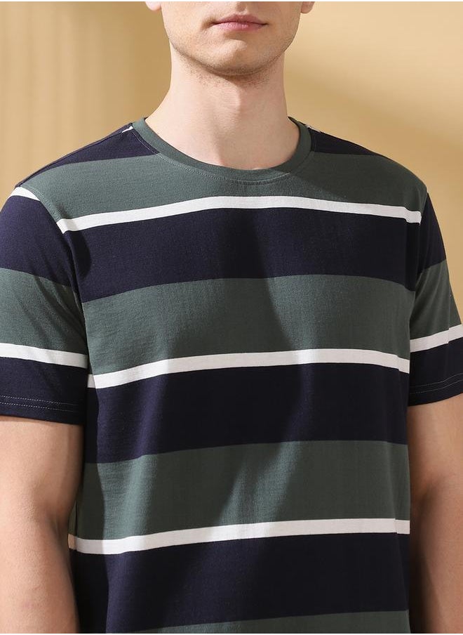 Men's Green Cotton Blend Striped Regular Fit T-Shirt