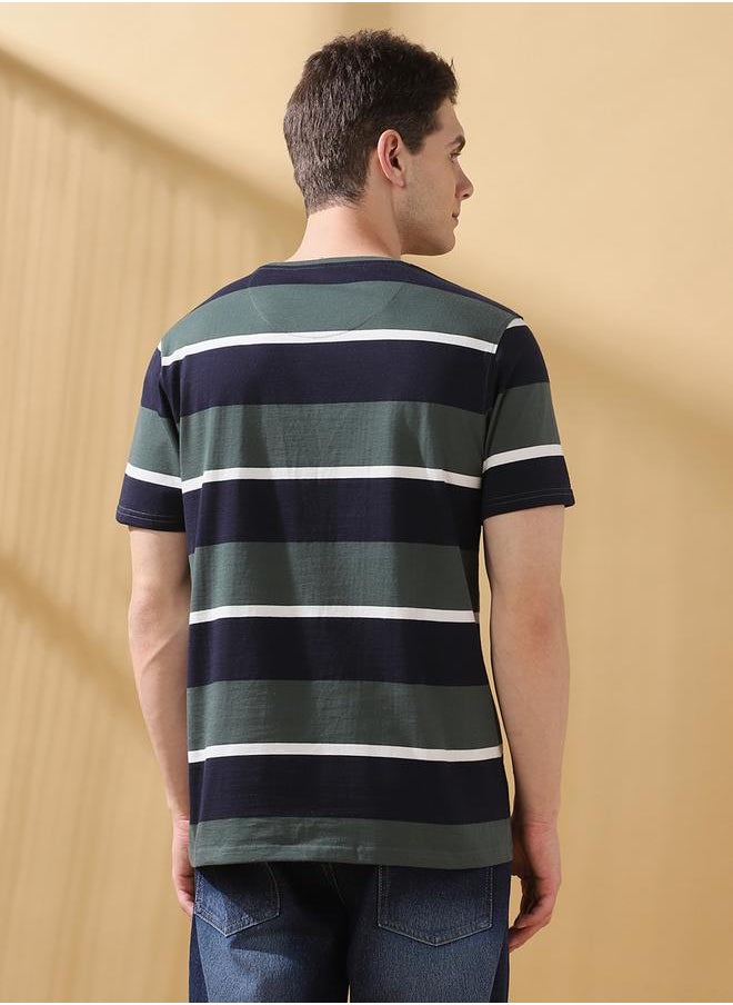 Men's Green Cotton Blend Striped Regular Fit T-Shirt
