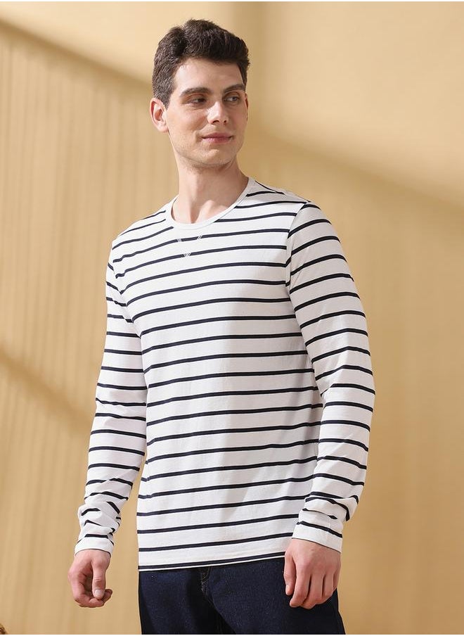 Men's Off White Cotton Blend Striped Regular Fit T-Shirt