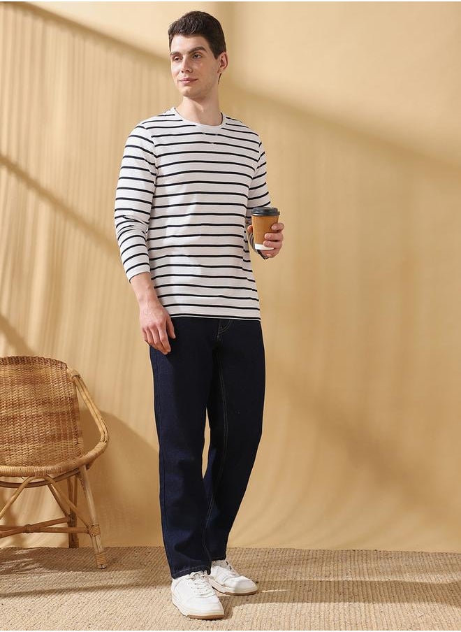 Men's Off White Cotton Blend Striped Regular Fit T-Shirt