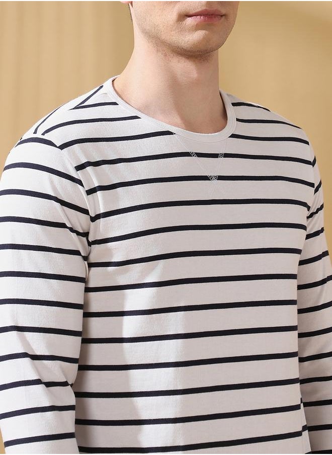 Men's Off White Cotton Blend Striped Regular Fit T-Shirt