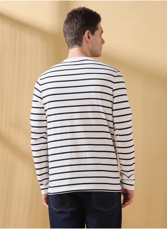 Men's Off White Cotton Blend Striped Regular Fit T-Shirt