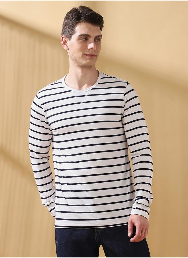 Men's Off White Cotton Blend Striped Regular Fit T-Shirt
