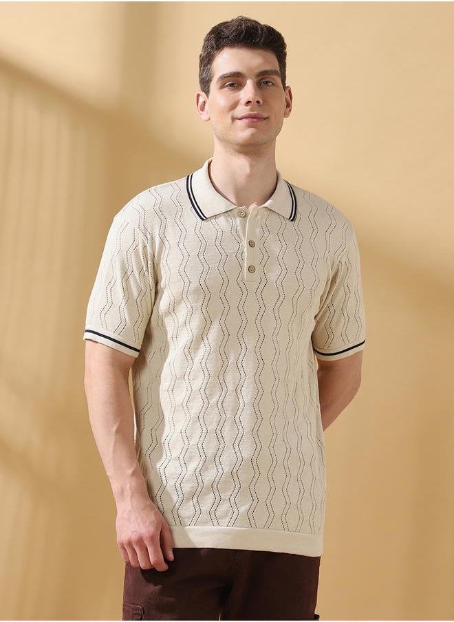 Men's Off White Cotton Blend Textured Relaxed T-Shirt
