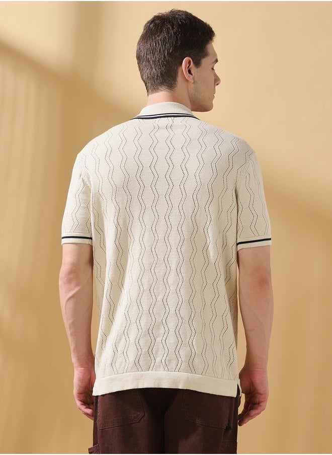 Men's Off White Cotton Blend Textured Relaxed T-Shirt