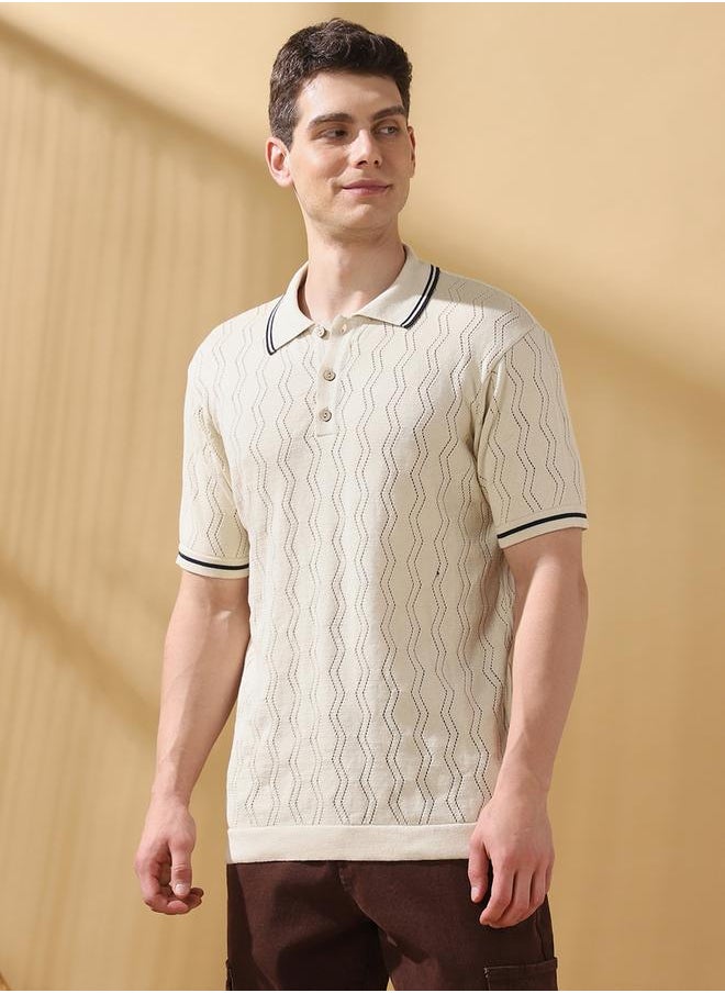 Men's Off White Cotton Blend Textured Relaxed T-Shirt