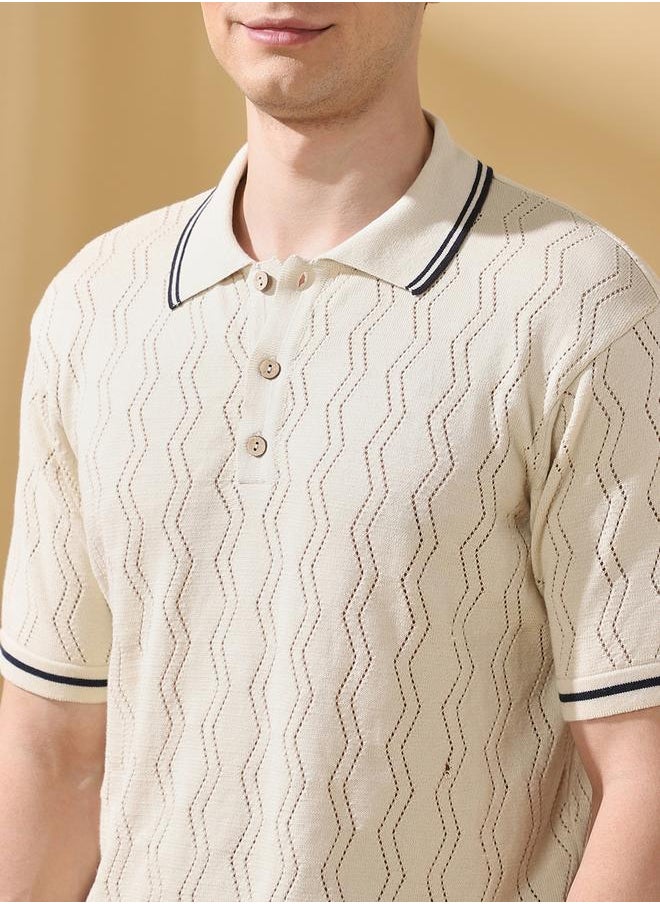 Men's Off White Cotton Blend Textured Relaxed T-Shirt
