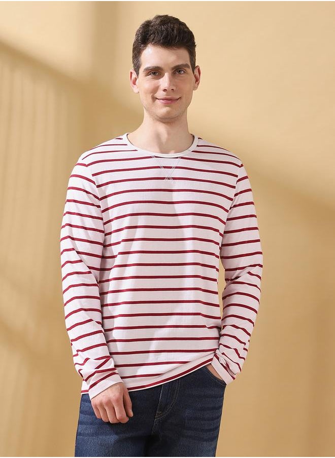 Men's Maroon Cotton Blend Striped Regular Fit T-Shirt