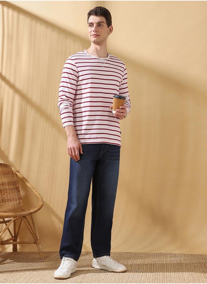 Men's Maroon Cotton Blend Striped Regular Fit T-Shirt