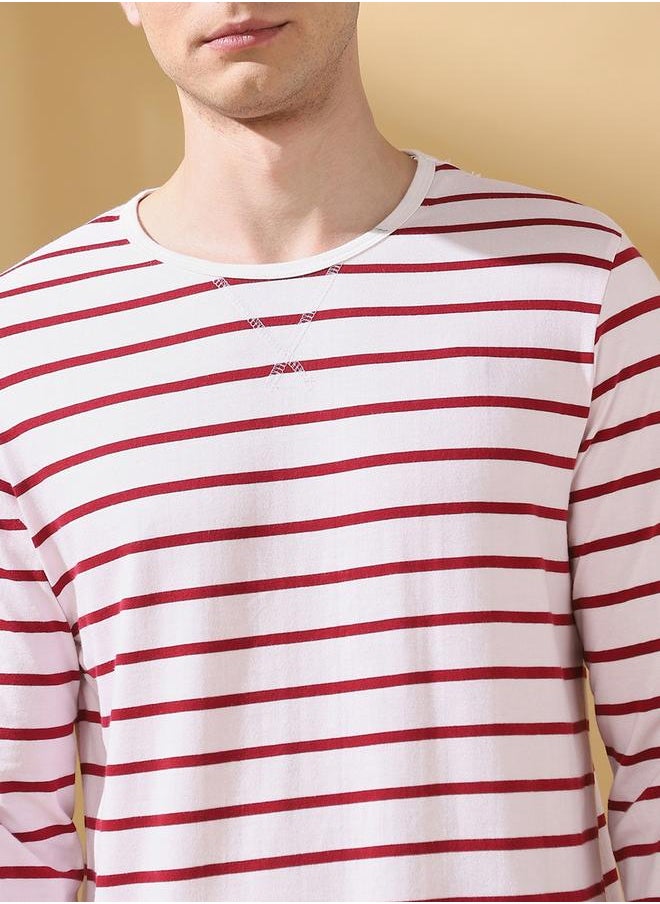 Men's Maroon Cotton Blend Striped Regular Fit T-Shirt