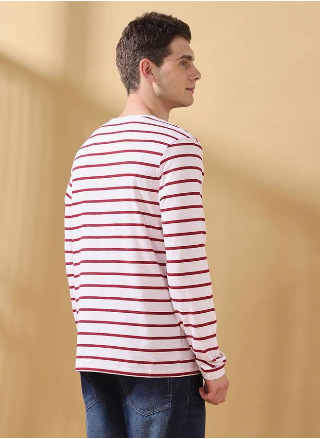 Men's Maroon Cotton Blend Striped Regular Fit T-Shirt