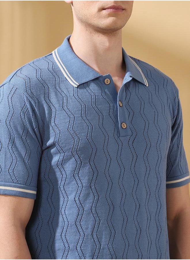 Relaxed Fit Textured Blue Cotton Blend Regular Length Half Sleeves Polo Collar Neck Neckline Knitted